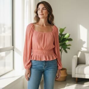 ASTR The Label Pink Coral Pleated Long Sleeve Crop Top Medium Preloved